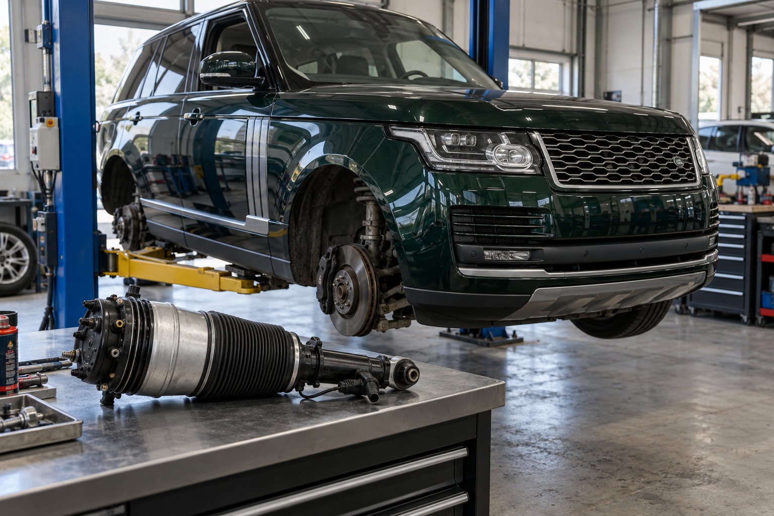 Range Rover на подъёмнике и пневмостойка на верстаке в автосервисе